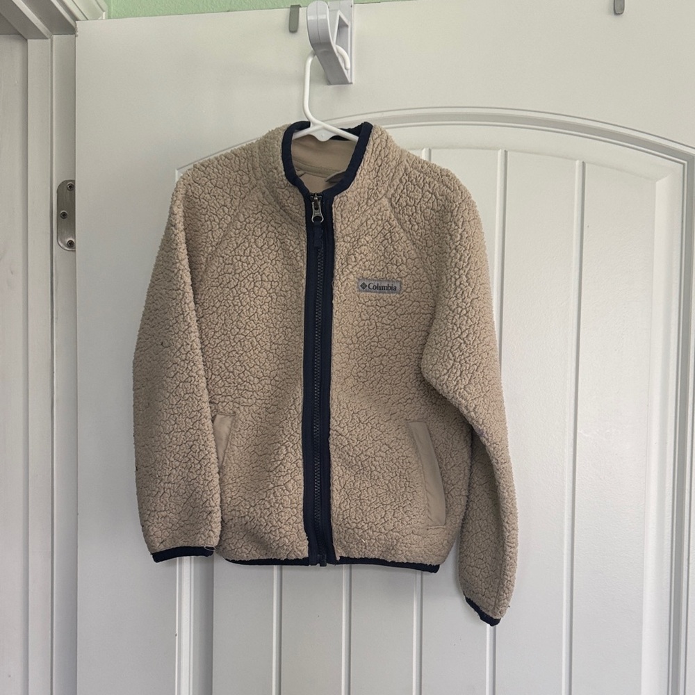 Columbia Kids zip up Beige Sherpa Jacket with Navy Trim